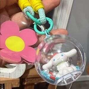 Sanrio Keychain with Pink Flower and Yellow Strap